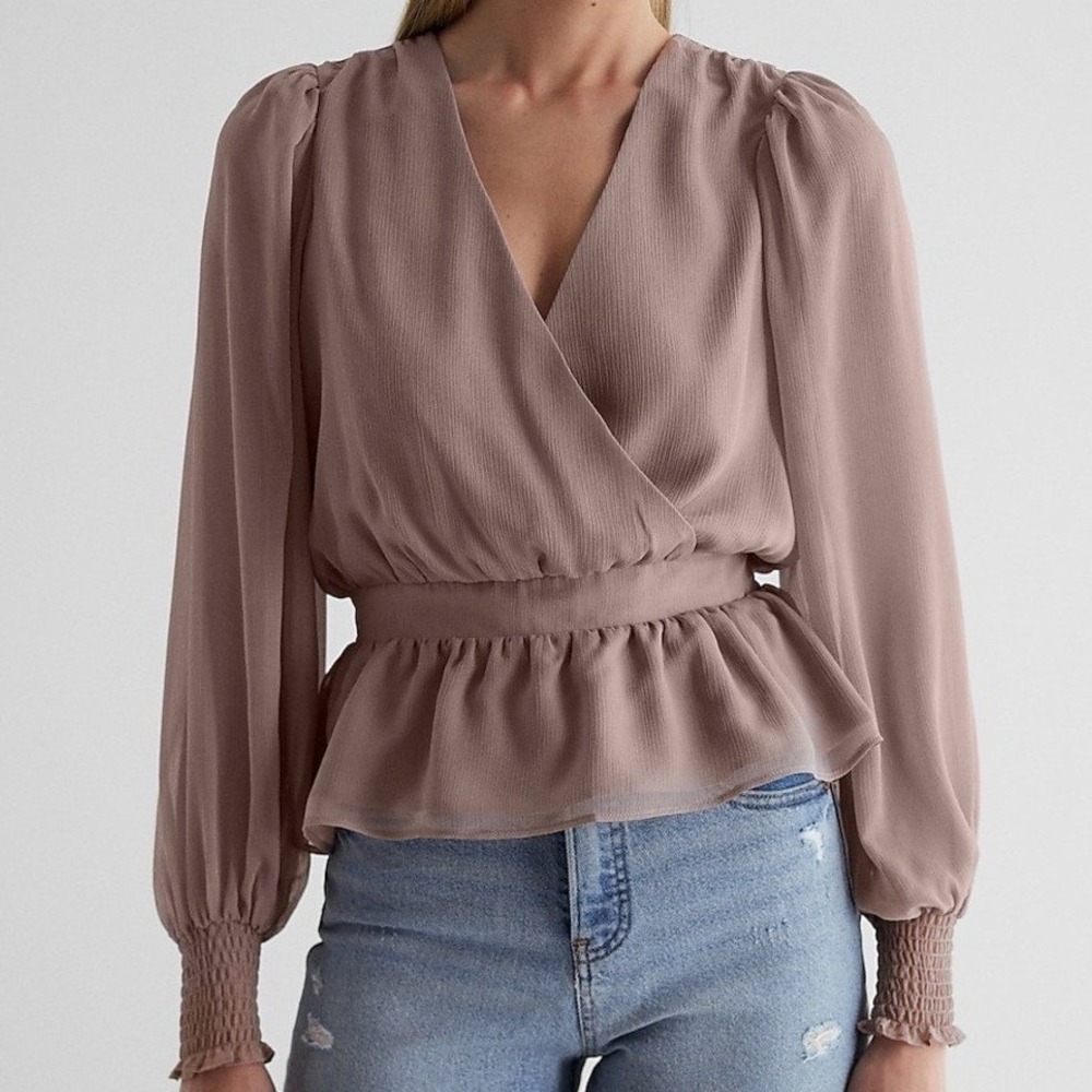 Express Peplum Blouse Surplice V-Neck Smocked Waist Taupe XL Boho Minimalist NWT